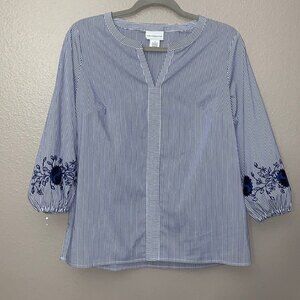 Liz Claiborne woman's pin stripe blouse embroidery balloon 3/4 sleeve v-neck S